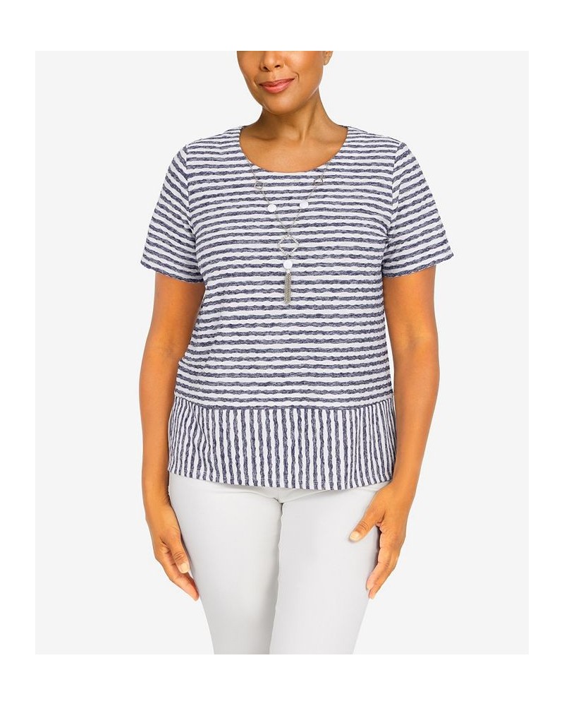 Women's Classics Stripe Texture Knit Short Sleeve Top with Necklace Navy, White $32.25 Tops