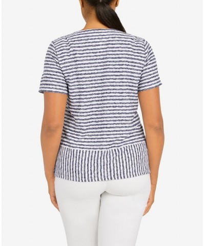 Women's Classics Stripe Texture Knit Short Sleeve Top with Necklace Navy, White $32.25 Tops