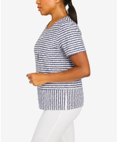 Women's Classics Stripe Texture Knit Short Sleeve Top with Necklace Navy, White $32.25 Tops