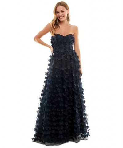 Juniors' 3D-Floral Lace-Up-Back Strapless Gown Navy $71.82 Dresses