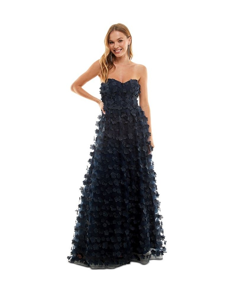 Juniors' 3D-Floral Lace-Up-Back Strapless Gown Navy $71.82 Dresses