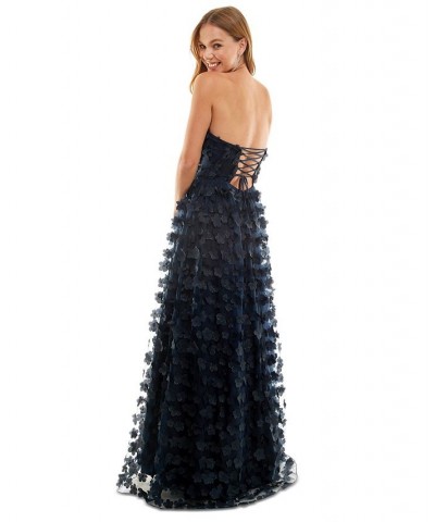 Juniors' 3D-Floral Lace-Up-Back Strapless Gown Navy $71.82 Dresses