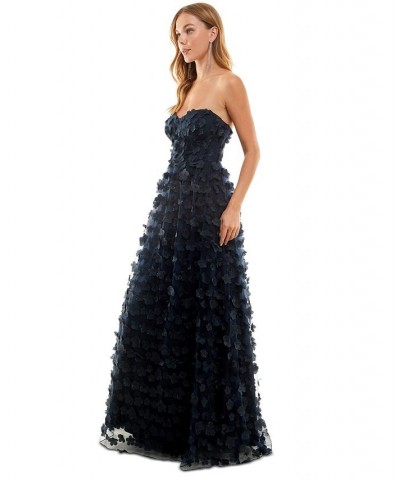 Juniors' 3D-Floral Lace-Up-Back Strapless Gown Navy $71.82 Dresses