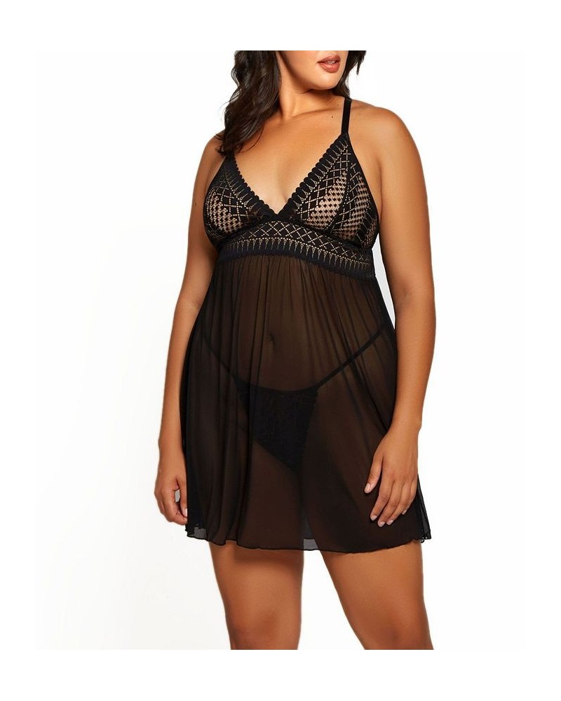 Hazel Plus Size Lace and Mesh Babydoll 2pc Lingerie Set Black $29.61 Lingerie