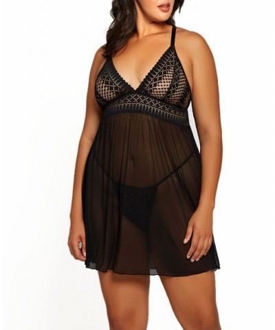 Hazel Plus Size Lace and Mesh Babydoll 2pc Lingerie Set Black $29.61 Lingerie