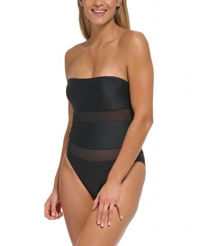 Women's Mesh-Insert Removable-Strap Bandeau One-Piece Swimsuit Black $51.20 Swimsuits