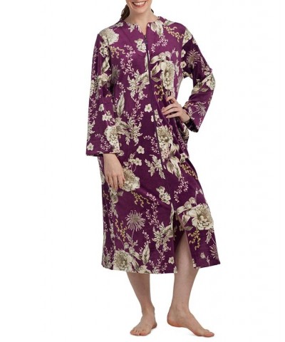 Women's Floral-Print Long-Sleeve Zip-Up Robe Taupe Floral On Aubergine $27.36 Sleepwear