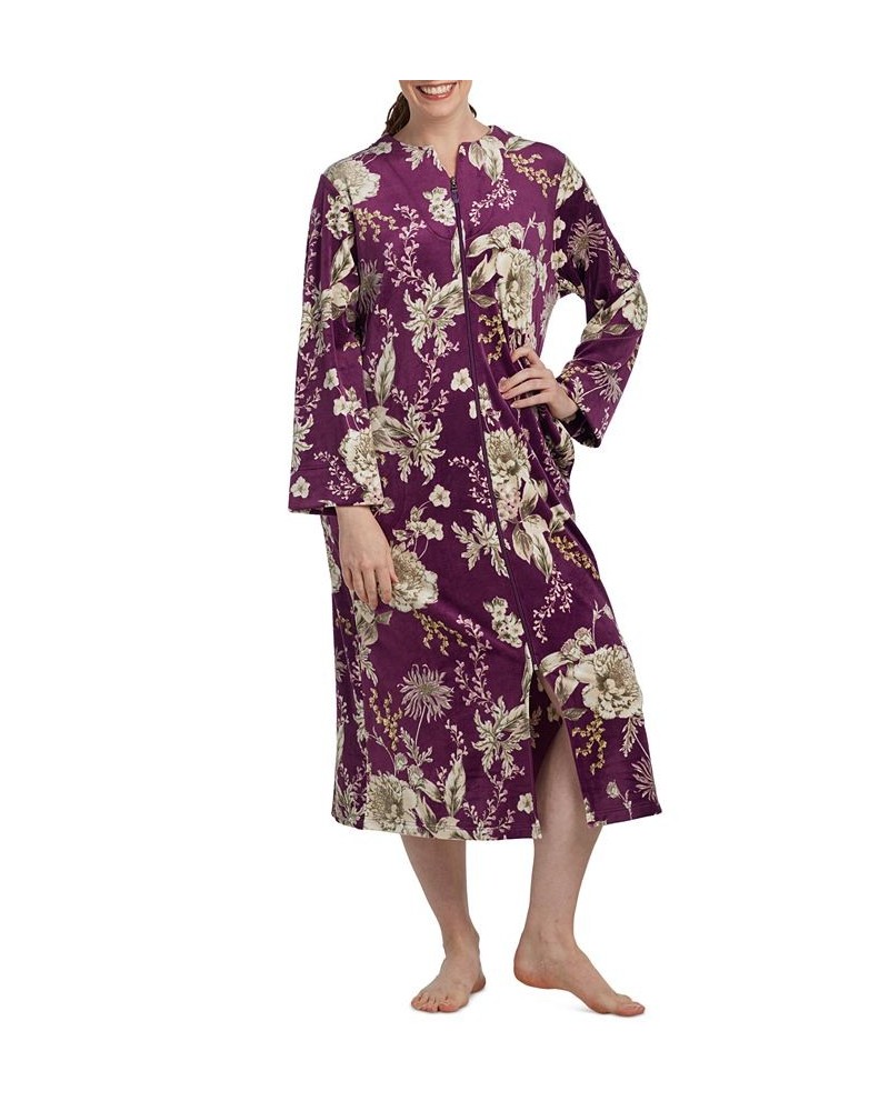 Women's Floral-Print Long-Sleeve Zip-Up Robe Taupe Floral On Aubergine $27.36 Sleepwear