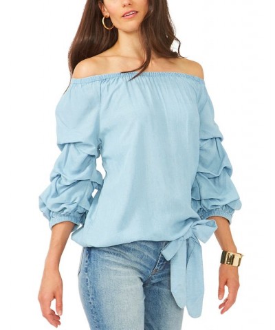 Balloon-Sleeve Off-The-Shoulder Top Light Blue $28.27 Tops