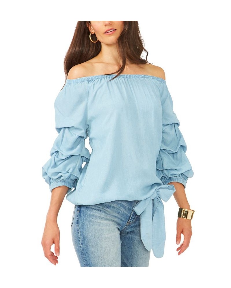 Balloon-Sleeve Off-The-Shoulder Top Light Blue $28.27 Tops