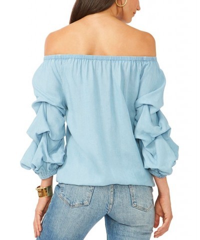 Balloon-Sleeve Off-The-Shoulder Top Light Blue $28.27 Tops