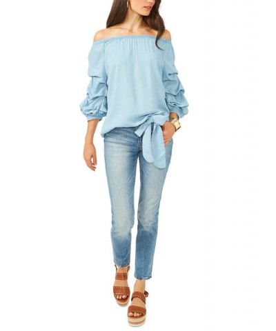 Balloon-Sleeve Off-The-Shoulder Top Light Blue $28.27 Tops