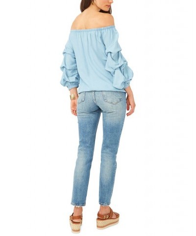 Balloon-Sleeve Off-The-Shoulder Top Light Blue $28.27 Tops