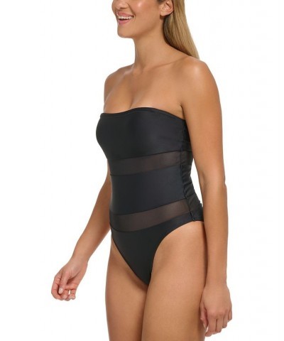 Women's Mesh-Insert Removable-Strap Bandeau One-Piece Swimsuit Black $51.20 Swimsuits