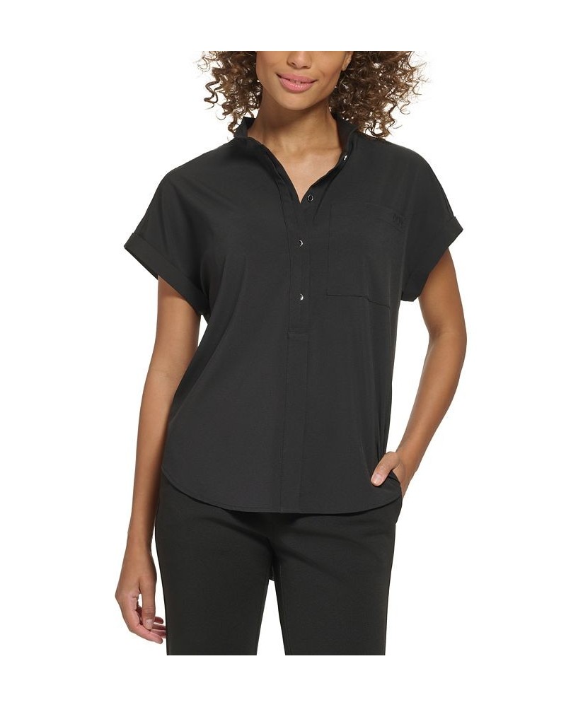 Petite Cuffed-Sleeve Stand-Collar Top Black $23.52 Tops