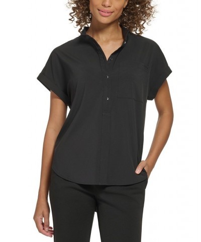 Petite Cuffed-Sleeve Stand-Collar Top Black $23.52 Tops