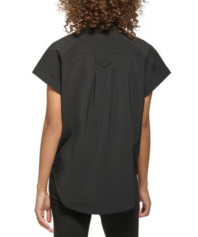 Petite Cuffed-Sleeve Stand-Collar Top Black $23.52 Tops