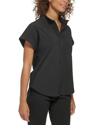 Petite Cuffed-Sleeve Stand-Collar Top Black $23.52 Tops