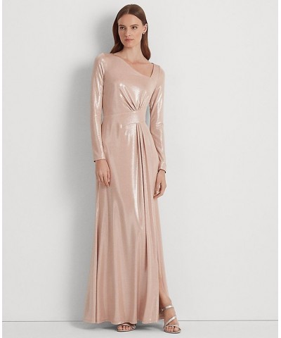 Women's Foil-Print Jersey Gown Pale Pink Silver Foil $115.90 Dresses