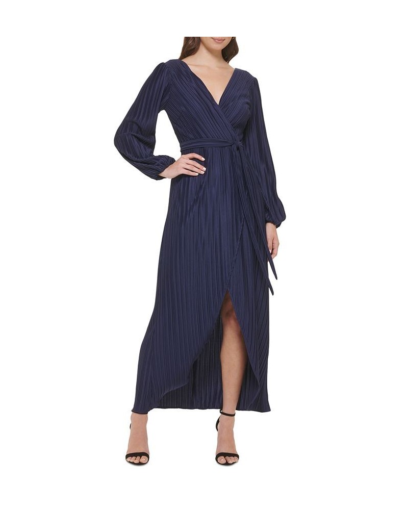 Women's Pleated Woven Faux-Wrap V-Neck Maxi Dress Blue $53.64 Dresses