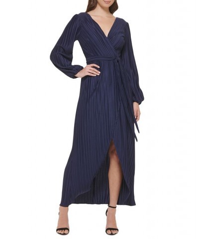 Women's Pleated Woven Faux-Wrap V-Neck Maxi Dress Blue $53.64 Dresses