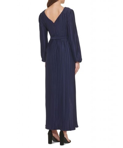 Women's Pleated Woven Faux-Wrap V-Neck Maxi Dress Blue $53.64 Dresses