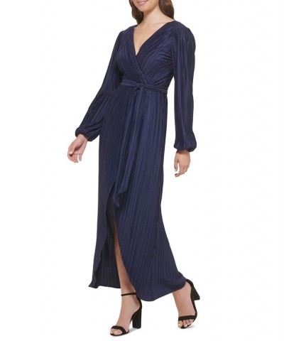 Women's Pleated Woven Faux-Wrap V-Neck Maxi Dress Blue $53.64 Dresses