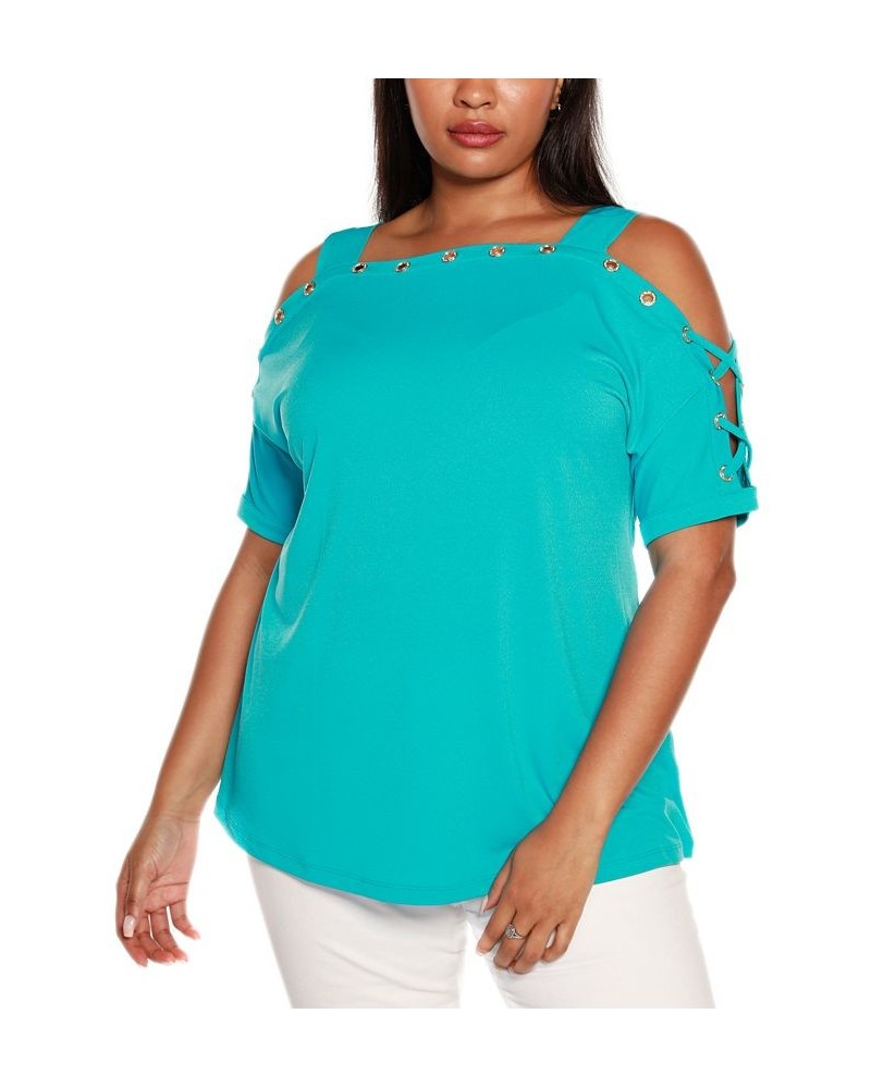 Plus Size Cold Shoulder Top Blue Bliss/Gold $21.19 Tops