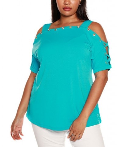 Plus Size Cold Shoulder Top Blue Bliss/Gold $21.19 Tops