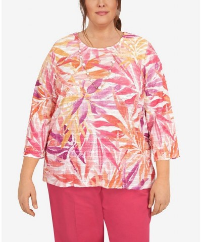 Plus Size Tropical Leaves Three Quarter Sleeve Top Multi $39.69 Tops