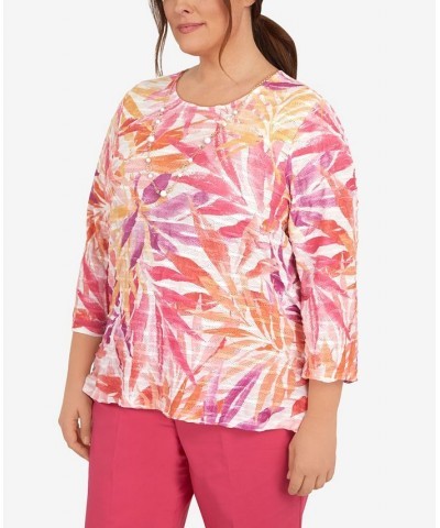 Plus Size Tropical Leaves Three Quarter Sleeve Top Multi $39.69 Tops