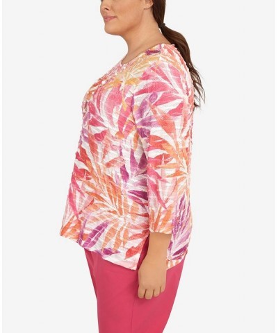 Plus Size Tropical Leaves Three Quarter Sleeve Top Multi $39.69 Tops