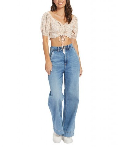 Juniors' Flirty Walk Ruched Puff Sleeve Crop Top Tapioca Pretty Paisley $22.40 Tops