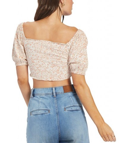 Juniors' Flirty Walk Ruched Puff Sleeve Crop Top Tapioca Pretty Paisley $22.40 Tops