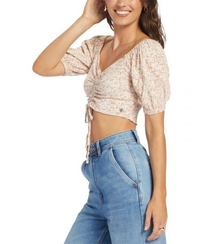 Juniors' Flirty Walk Ruched Puff Sleeve Crop Top Tapioca Pretty Paisley $22.40 Tops