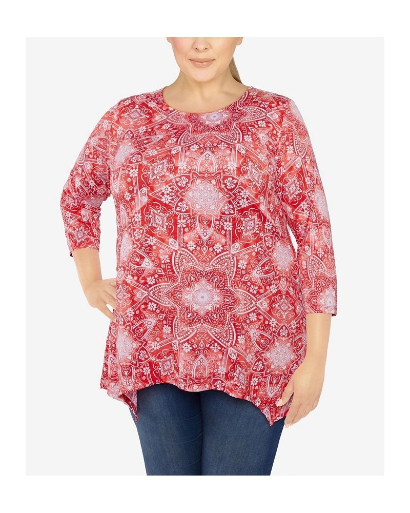 Plus Size Knit Kaleidoscope Print Top Red $17.22 Tops