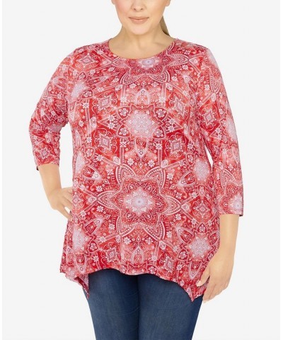 Plus Size Knit Kaleidoscope Print Top Red $17.22 Tops