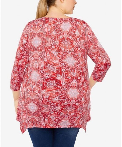 Plus Size Knit Kaleidoscope Print Top Red $17.22 Tops