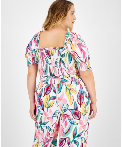 Plus Size Printed Puff-Sleeve Smocked Top Barbados Orchid $20.67 Tops