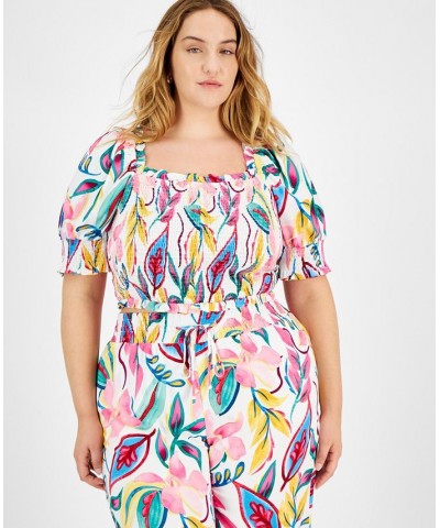 Plus Size Printed Puff-Sleeve Smocked Top Barbados Orchid $20.67 Tops