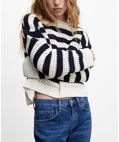 Women's Striped Openwork Knit Sweater Navy $35.00 Sweaters