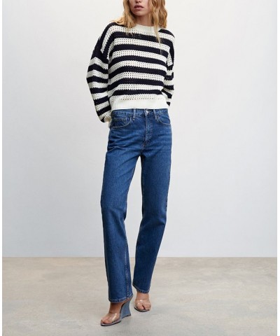 Women's Striped Openwork Knit Sweater Navy $35.00 Sweaters