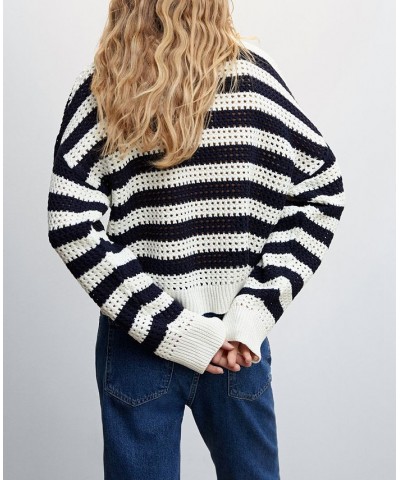 Women's Striped Openwork Knit Sweater Navy $35.00 Sweaters