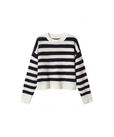 Women's Striped Openwork Knit Sweater Navy $35.00 Sweaters