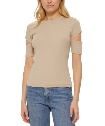 Women's Cutout T-Shirt Tan/Beige $24.97 Tops