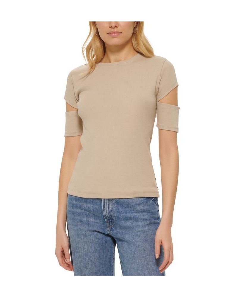 Women's Cutout T-Shirt Tan/Beige $24.97 Tops