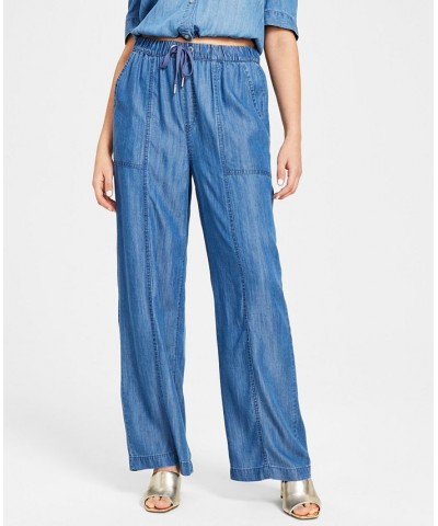 Women's Cropped Drawstring-Hem Collared Shirt & Drawstring-Waist Wide-Leg Pants Medium Wash $46.53 Pants