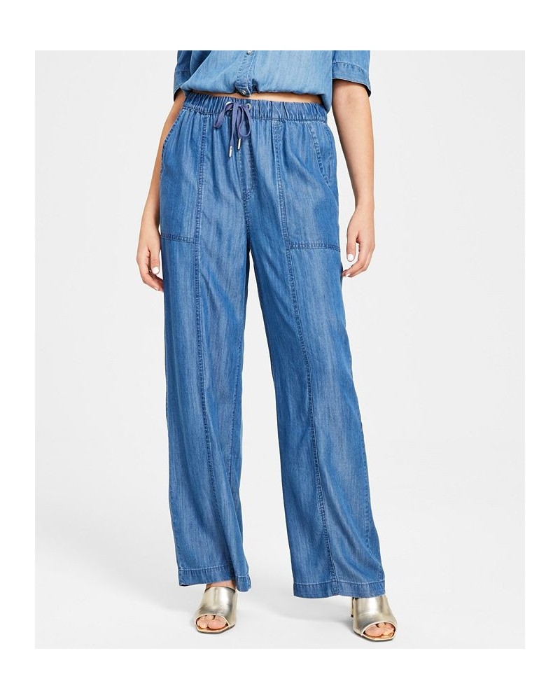 Women's Cropped Drawstring-Hem Collared Shirt & Drawstring-Waist Wide-Leg Pants Medium Wash $46.53 Pants