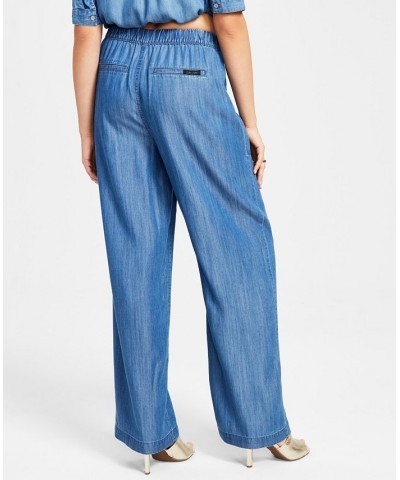 Women's Cropped Drawstring-Hem Collared Shirt & Drawstring-Waist Wide-Leg Pants Medium Wash $46.53 Pants