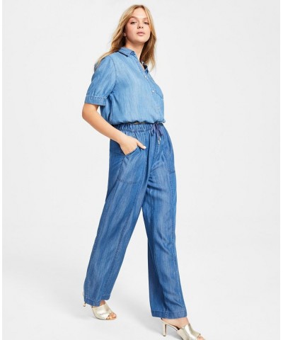 Women's Cropped Drawstring-Hem Collared Shirt & Drawstring-Waist Wide-Leg Pants Medium Wash $46.53 Pants